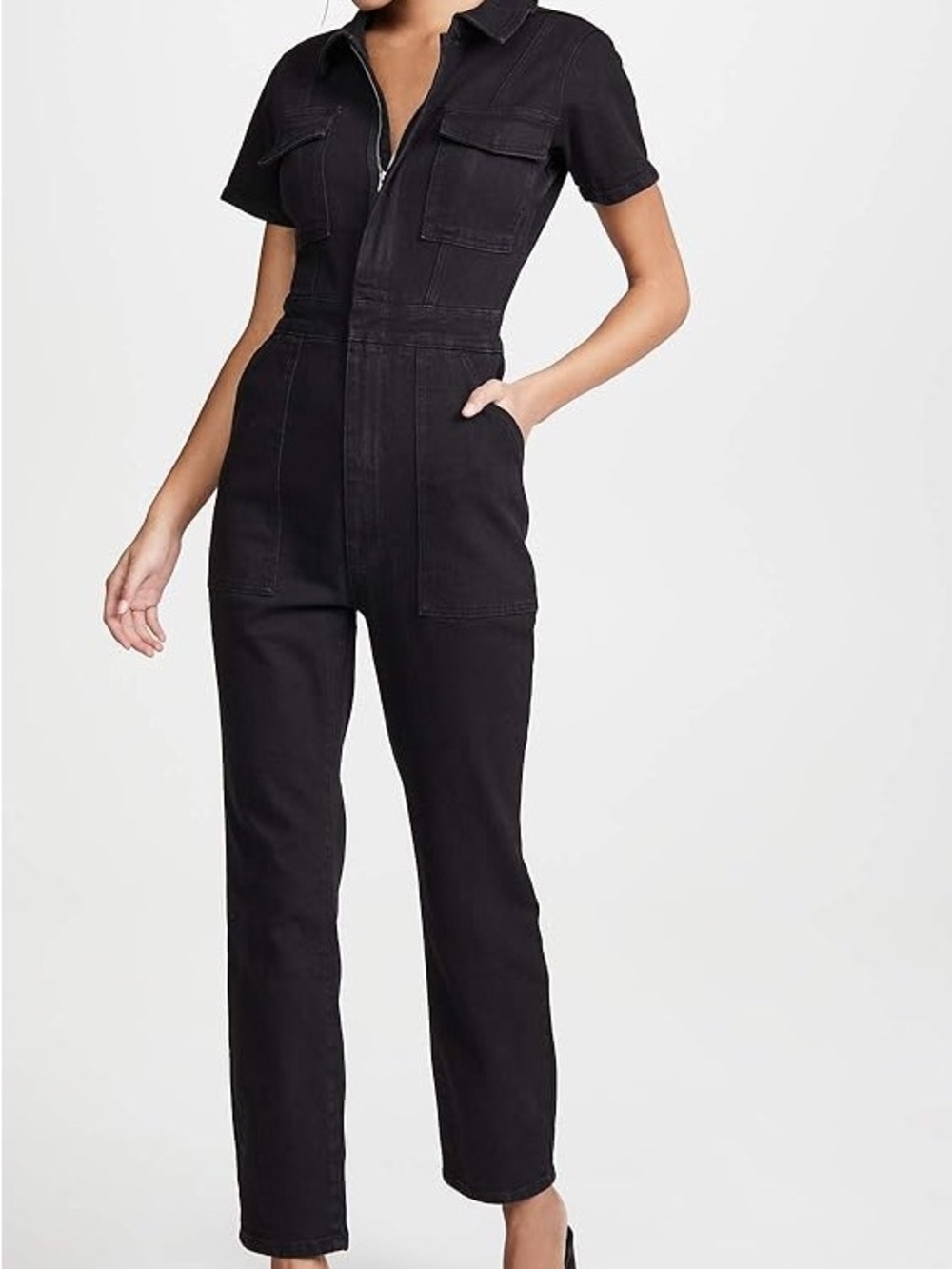 Black denim Zip-Front Jumpsuit